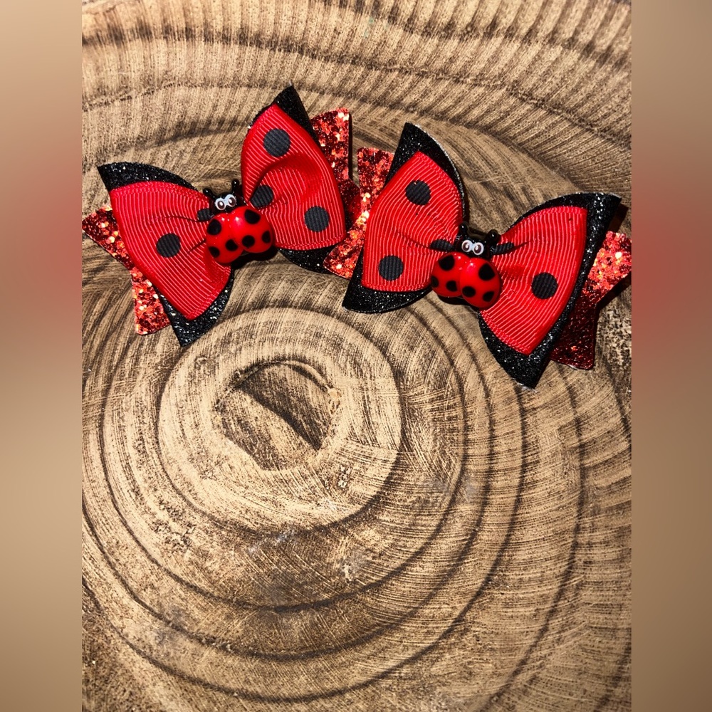 Ladybug Bow Hair Clips - Red and Black Glitter